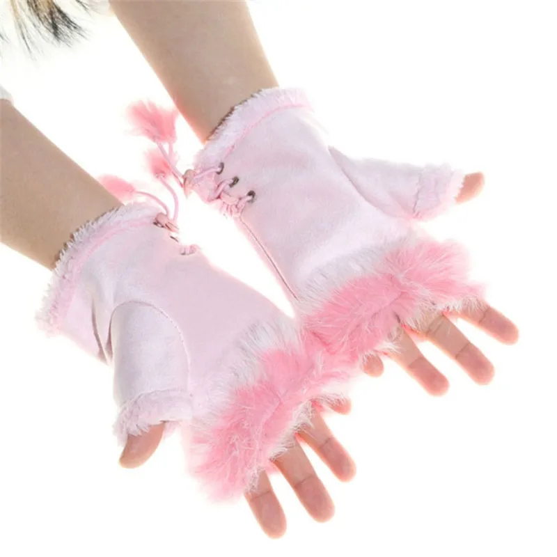 

High Quality Half Finger Female Gloves Cute Plush Leather Gloves faux Rabbit Hair Wrist Fingerless Mittens For Women