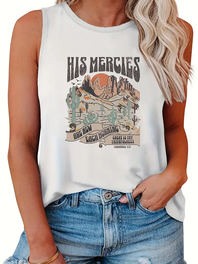 

Boho Fashion Vintage Print Tank top Summer Woman His Mercies Bible Verse Christian Graphic Sleeveless T shirt