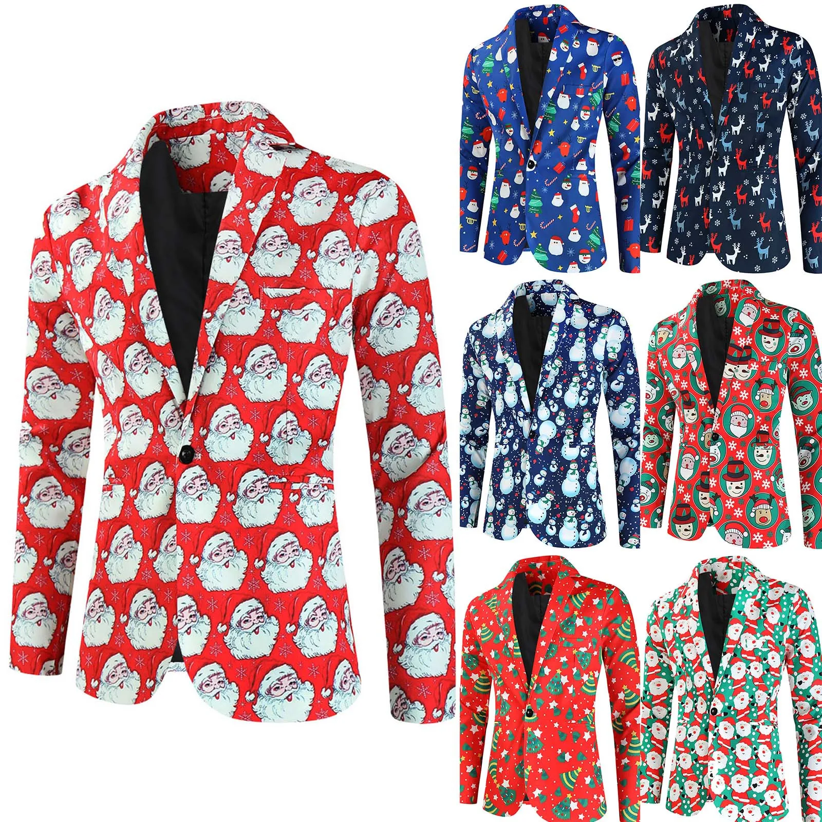 Mens Fashion Leisure Christmas Printed Pocket Buttons long Sleeve V Neck Suit Short Suit Set for Men Printed Formal Coat