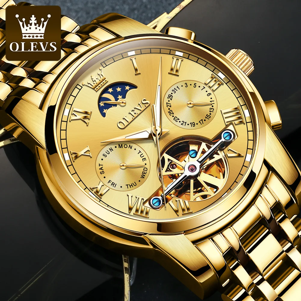 OLEVS 6617 Automatic Watch For Men Moon Phase Hollow Skeleton Mechanical Man Watch Auto Date Luxury Waterproof Dress Wristwatch