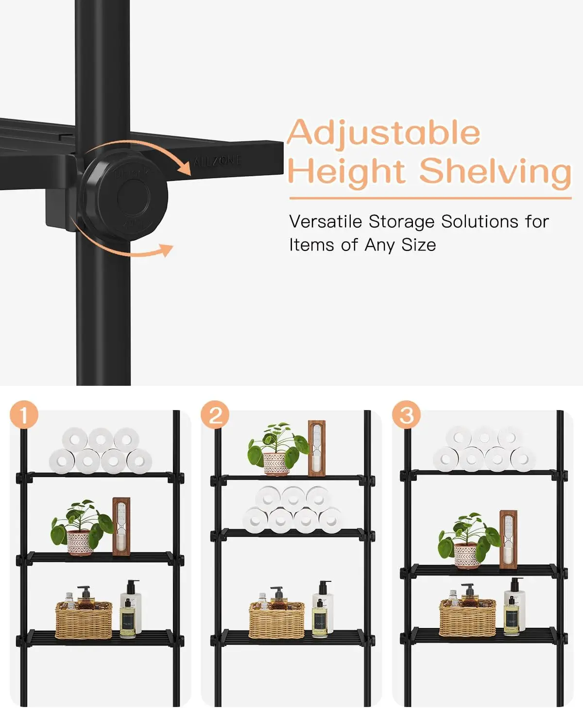 Adjustable Over Toilet Storage Shelf. 4-Tier. Tension Mounted. Fits 64-113" Heights. Black.