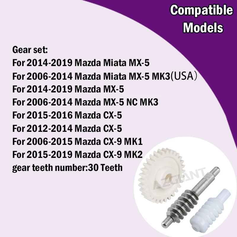 AZGIANT 마즈다 미아타 MX-5 /CX-5/CX-9 차량용 내부 금속/플라스틱 30 톱니 기어 어셈블리 외부 사이드 폴딩 미러 모터