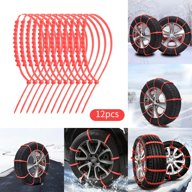 12pcs snow tire chain skid chain Adjustable nylon zipper tie track claw emergency strap Durable stable skid red