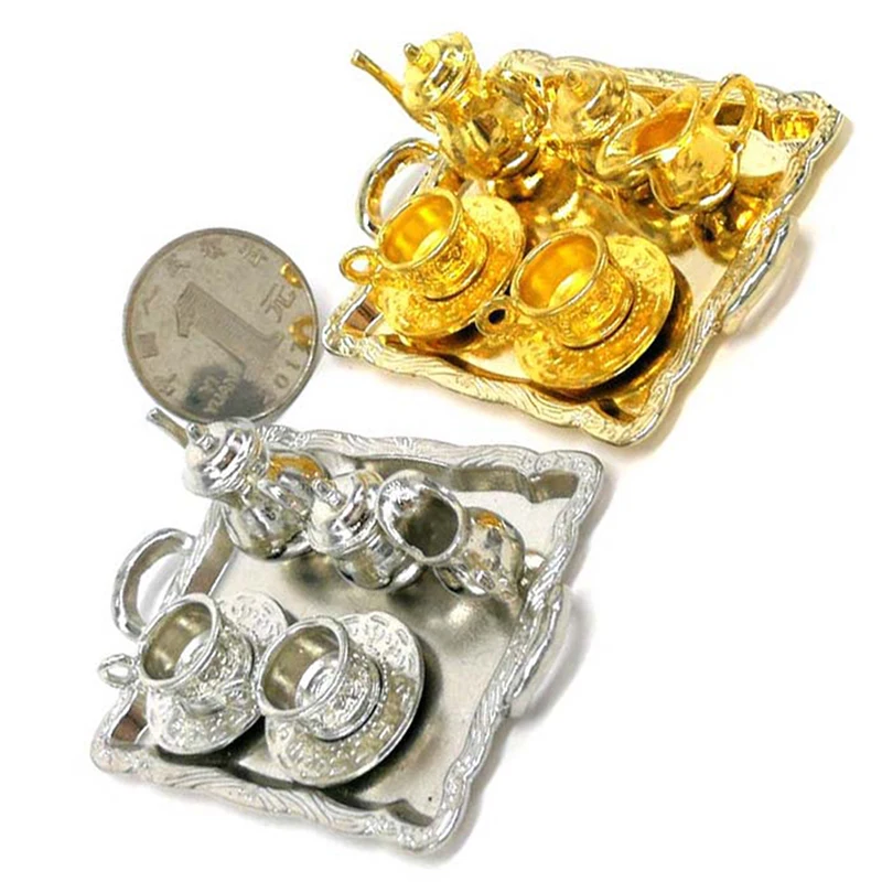 10Pcs/set Dollhouse Miniature Tea Set 1: 12 Mini Simulation Furniture Dining Ware Metal Tea Cup Plate Set-Toy