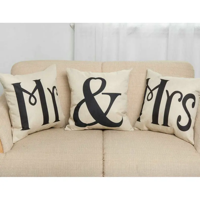 Cushion Cotton Linen 45*45cm Pillow Case Throw Couch Bed Home Mr & Mrs