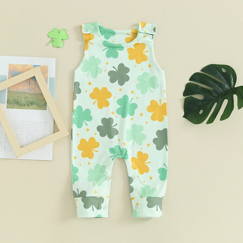 

BeQeuewll Baby Girls Irish Day Jumpsuit For Summer Infant Sleeveless O Neck Clover Print Casual Romper For 0-24 Months