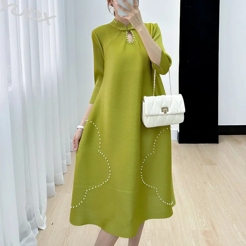 

YUDX Miyake Skirt Female 2023 Summer High-end Beaded Pleats Loose Large Size Thin Standing Collar Solid Color Women's Dresses