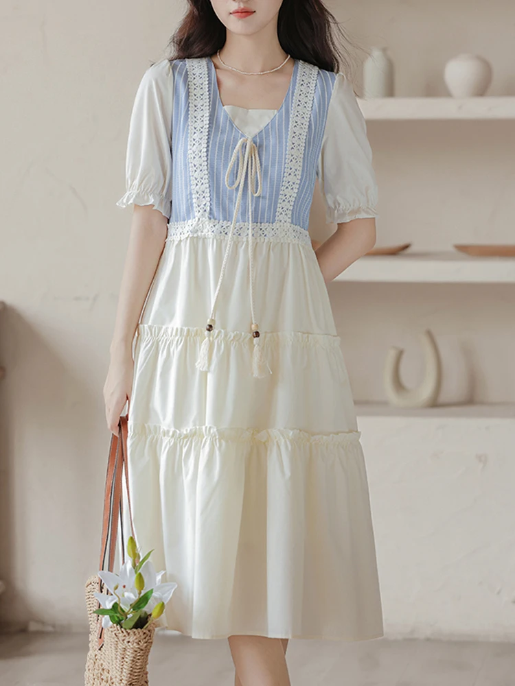 

Literary And Artistic Retro Summer Sweetheart French Elegant Mid-Calf Dress V-Neck Sweet Puff Sleeve A-Line Lady Dresses