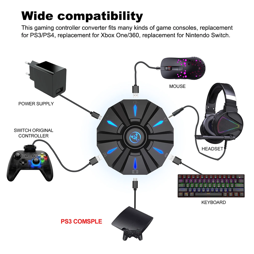 

USB-C Gaming Keyboard Mouse Fast Speed Adapter LED Indicator Gamepad Converter Game Console Accessory Replacement for PS3 PS4