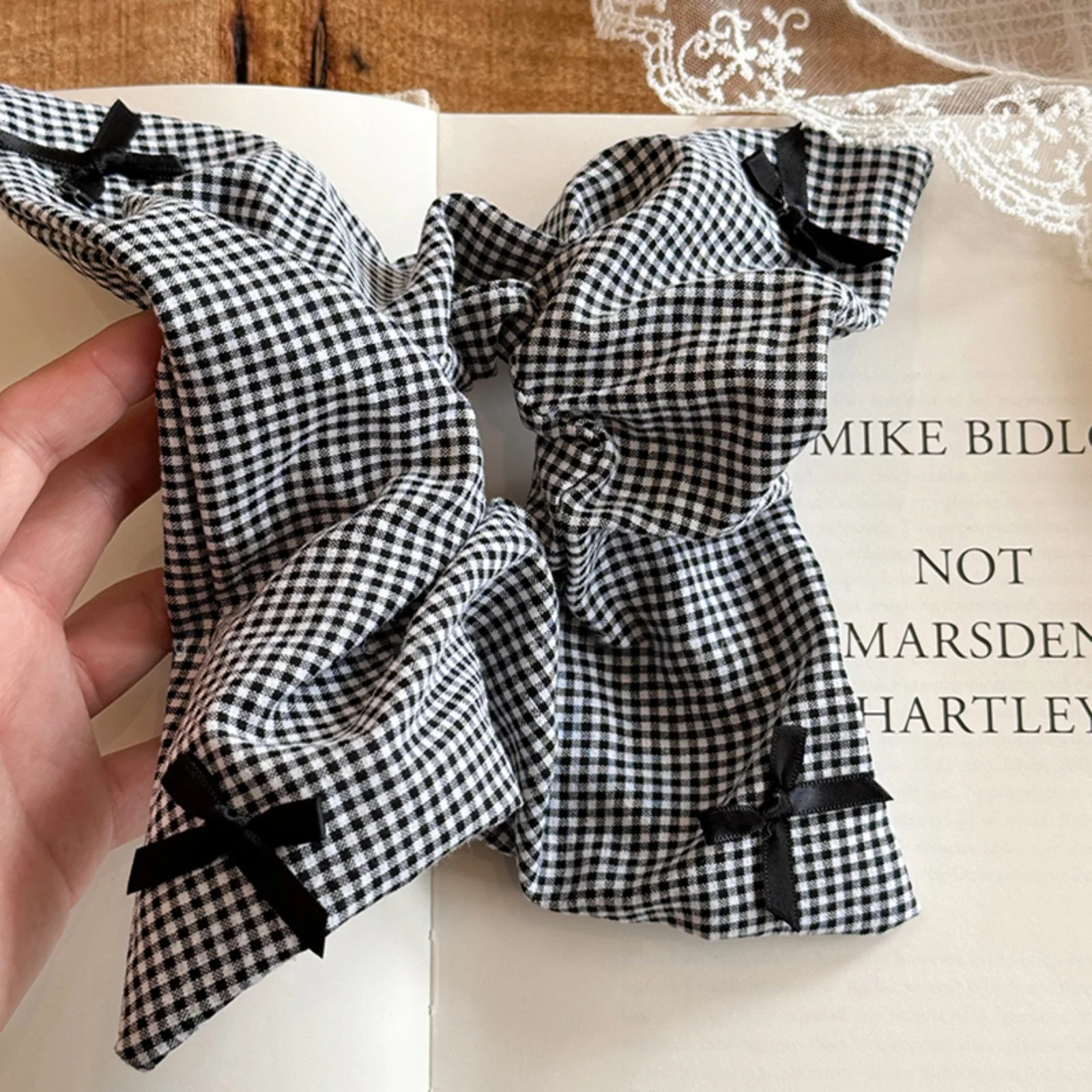 Square Large Black White Checkered Striated Leopard Print Bowknot Heart Intestine Hair Ties for Women Fashion Temperament Scarf