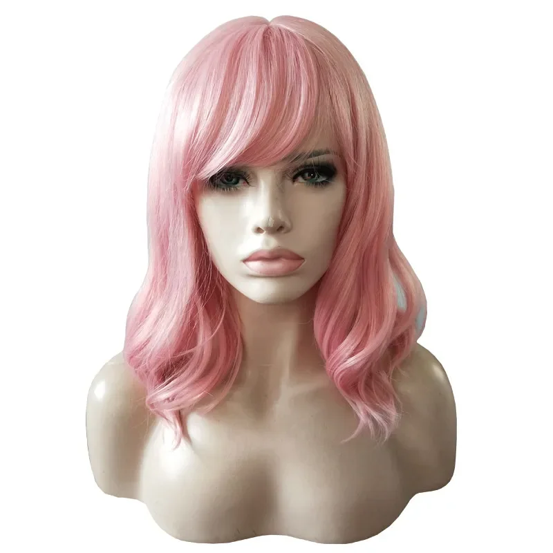 

short body wave pink wig high temperature fiber synthetic wigs for women bangs hair heat resistance