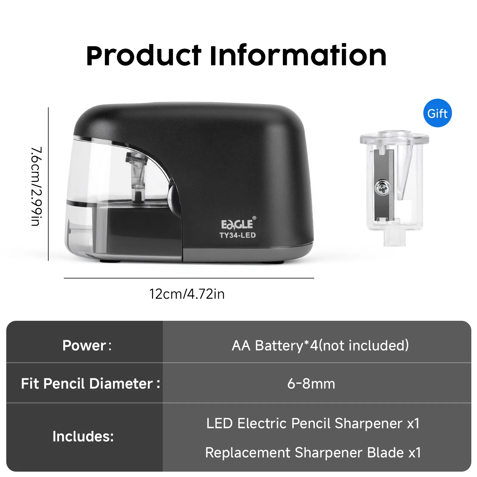 컬러풀 LED 조명이 있는 EAGLE 전동 연필깎이, 6-8mm 원형, 육각형, 삼각형 연필에 적합한 5초 빠른 자동 연필깎이