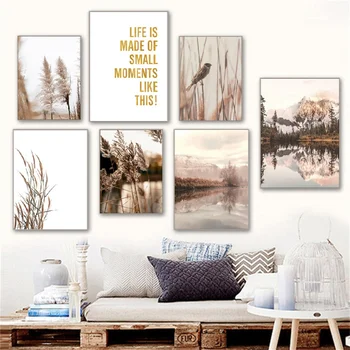 Nordic Lake Landscape Art Canvas Painting Reed Posters Deer Painting Hay Pictures Wall Posters for Home Livingroom Bedroom Decor 2