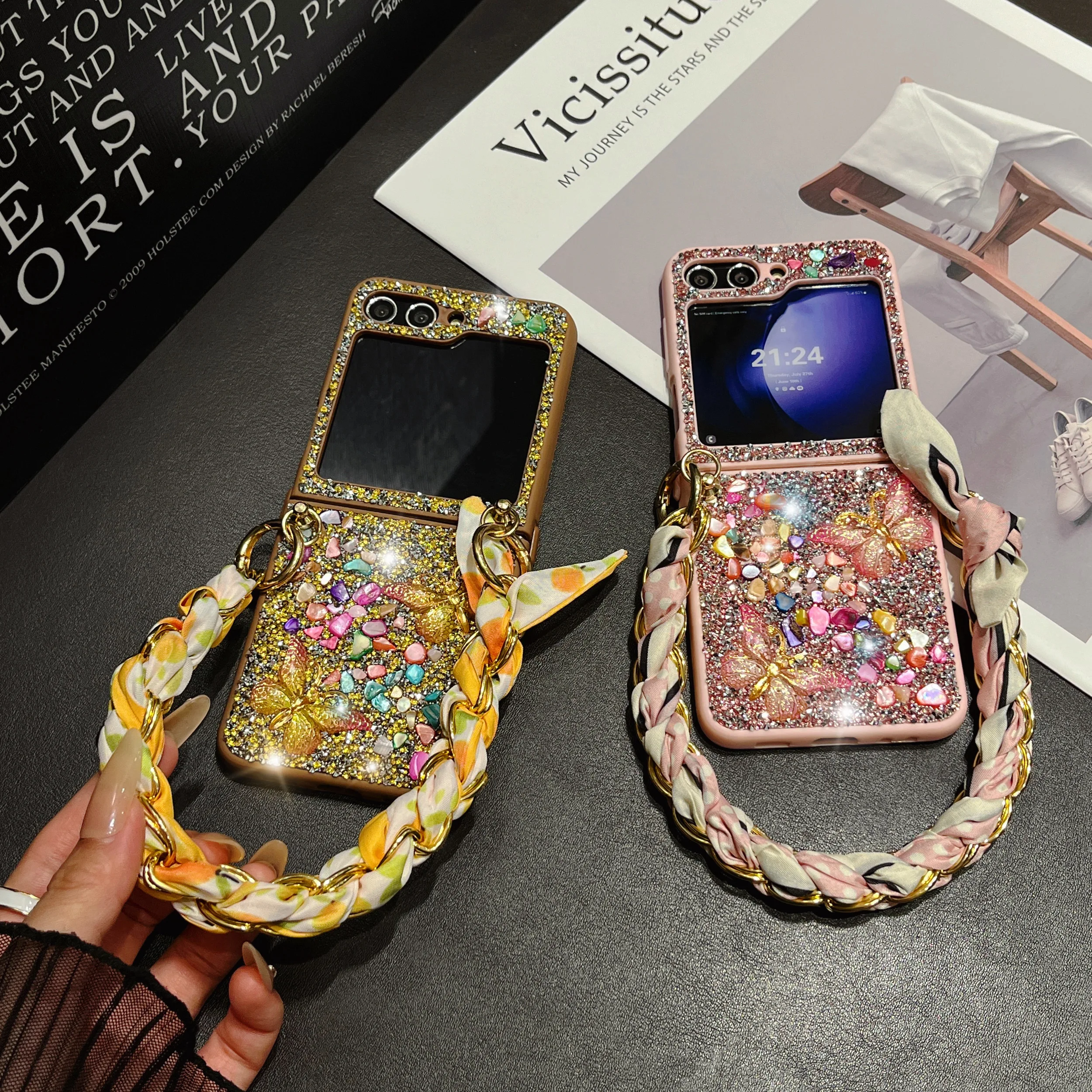 Custodia per telefono con glitter e pietra di diamanti con farfalla colorata per ragazza carina per Samsung Galaxy Z Flip 3 4 5 6_voghion.com