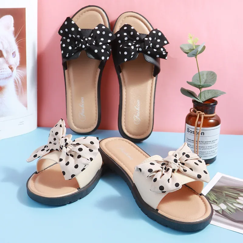 2024 Women Slippers Female Summer New Wave Dot Bow Knot Flip Flops Ladies Indoor and Outdoor Wear Beach Fashionable Sandals