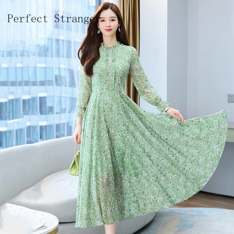 

2024 Autumn New Arrival Elegant High Quality Stand Collar Flower Print Long Sleeve Chiffon Women Long Dress