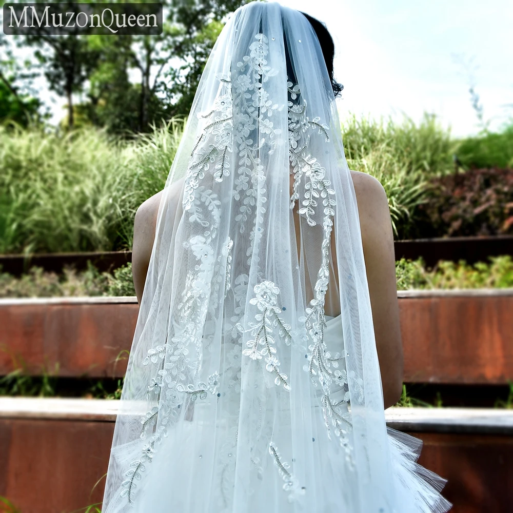 

MMQ M67 Cathedral Wedding Veil with Lace Bridal Veils 3M with Comb White/Off-White 1 Tier Soft Tulle with Diamonds Accessories
