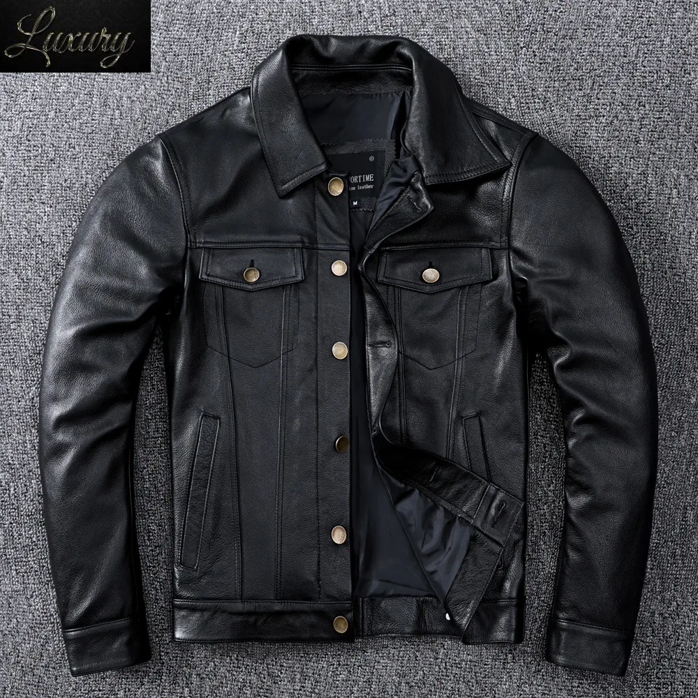 

Весенняя джинсовая куртка из натуральной кожи, классическое тонкое пальто из воловьей кожи на пуговицах, Мужская модная одежда больших размеров 5XL