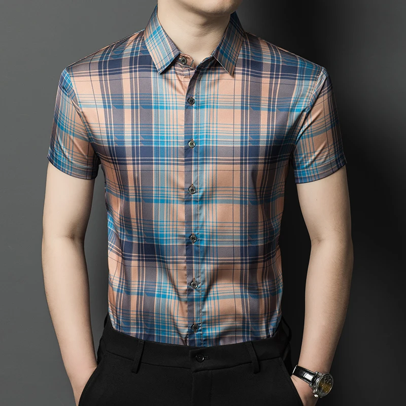 New Men's Fashion Mulberry Silk Clothes Summer Patchowork Stripes Poplin Shirt Male Soft Silk Dress Shirts Short Sleeved
