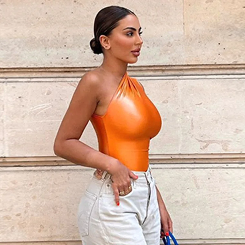 New Fashion Sexy Solid Slim One Shoulder Sleeveless Briefs Versatile Reflective Bodysuit Body Suits for Women Romper