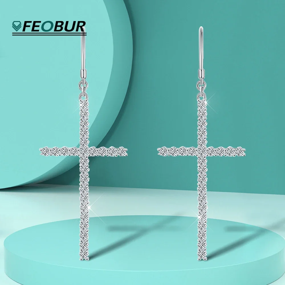 

Oversized Cross Full Moissanite Drop Earrings for Women 1.25 Carat Round Diamond S925 Sterling Silver Plated 18K Gold Ear Hooks