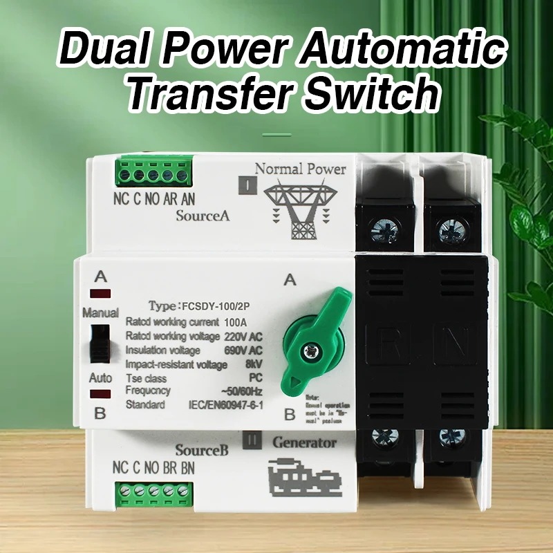ATS 110V 220V PC Dual Power Automatic Transfer Switch 63A 100A Household Power Transfer Switch 50/60Hz