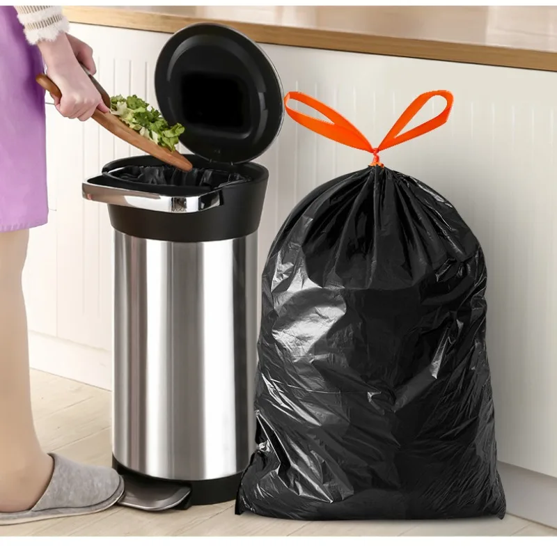 Trash Bags 60/100L Large Kitchen Waste Garbage Bag 1 Roll With 15 Black Thick Hand Held Disposable Environmental Drawstring Garbage Bags