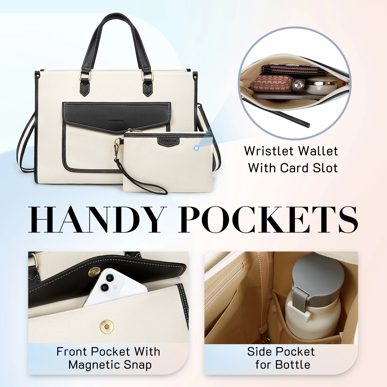 Missnine-canvas Laptop Bolsa para Mulheres Maleta Feminina Bolsa de Ombro Bolsa de Trabalho Laptop Bolsa Adequado para Viagens Escritório Casual 15.6 Polegada - Imagem 3
