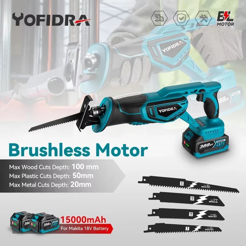 Yofidra Brushless Reciprocating Saw Handsaw Saber Multifunction Saw Metal Wood Pipe Cutting with 4 Blades For Makita 18V Battery