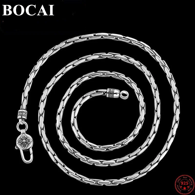 BOCAI S925 Sterling Silver Necklace Vajra Pestle Six Syllable Mantra Bamboo Chain Men's Pure Argentum Charm Neck Jewelry