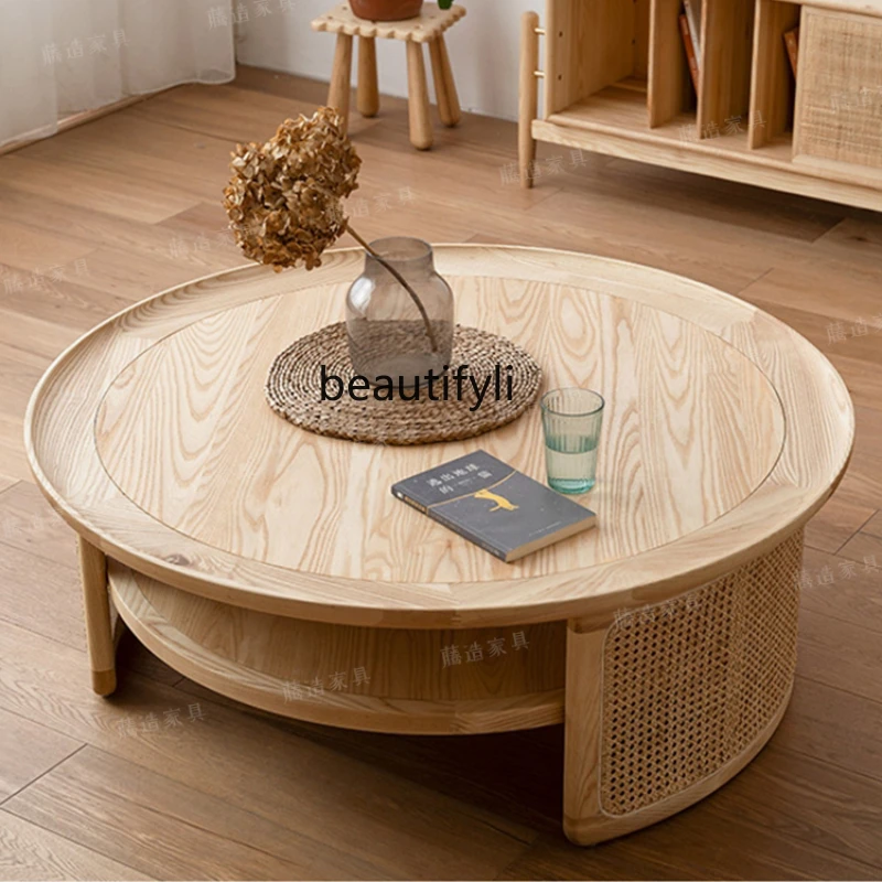 

Solid Wood round Coffee Table Japanese Tatami Small Apartment Rattan Tea Table Living Room Home Bed & Breakfast Log