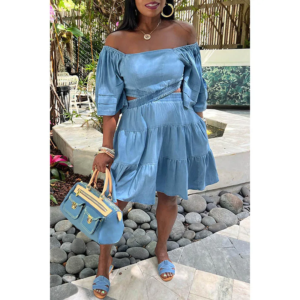 Plus Size Blue Daily Denim Off Shoulder Hollowed Out With Pocket Midi Dresses