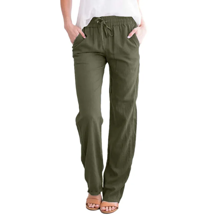 Summer Women's Solid Color High Waist Lace-up Wide Leg Straight Leg Women's Trousers Cotton Hemp Loose Casual Pants