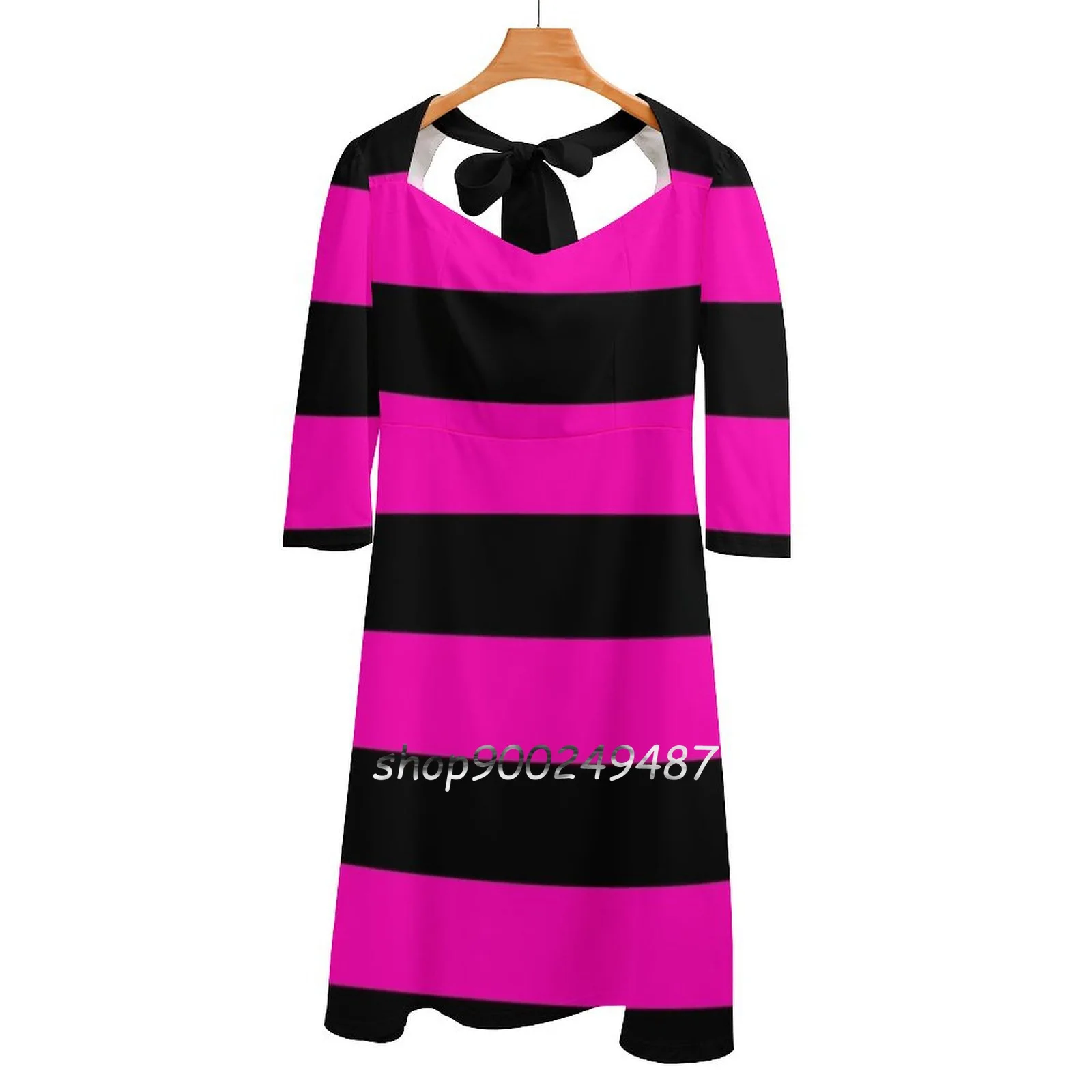 

Bright Hot Neon Pink And Black Cabana Tent Stripes Square Neck Dress Sweet Summer Dress Women Elegant Halter Print Dress Large