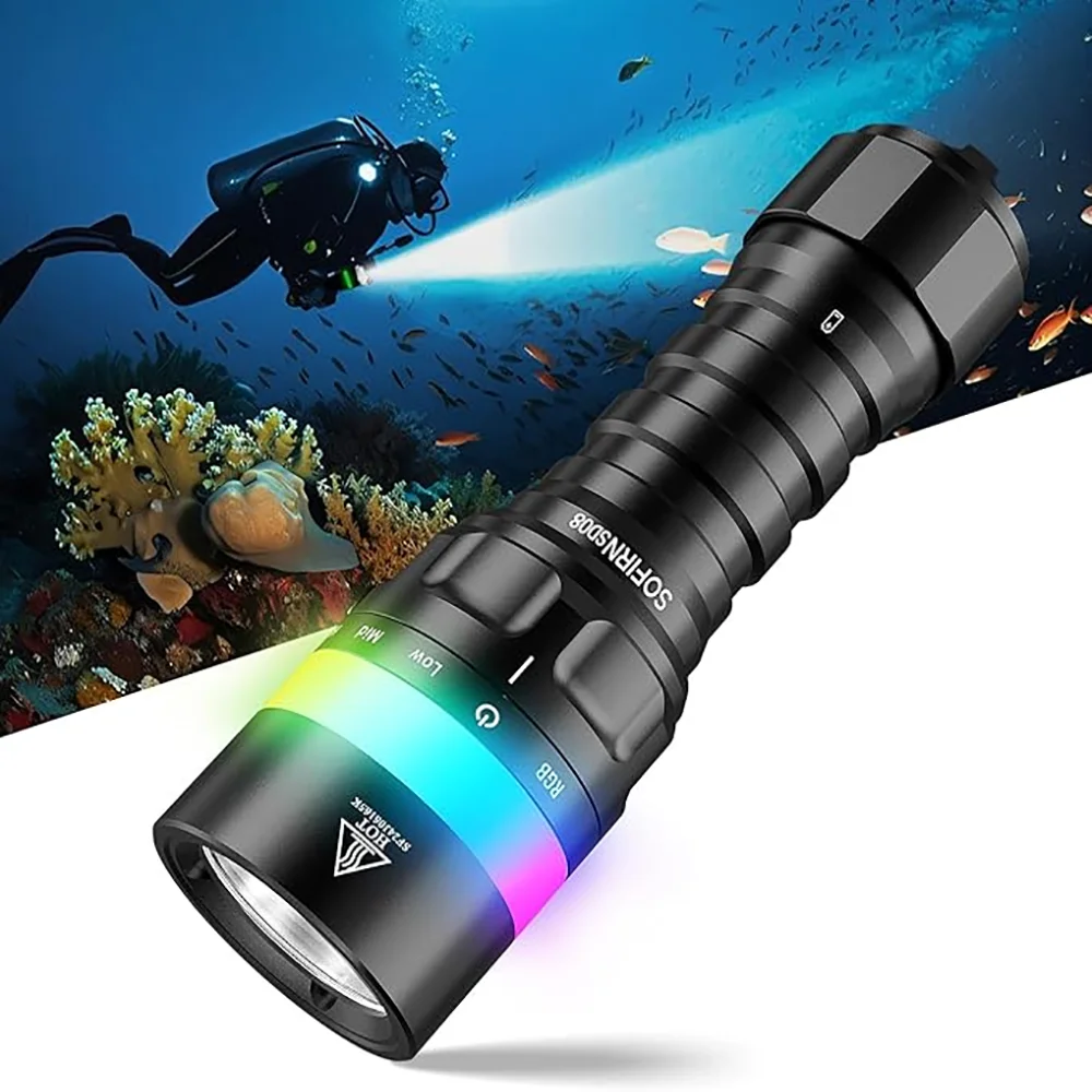 Sofirn SD08 3200lm Range 385m Diving Flashlight Powerful Rechargeable 21700 Underwater Deep Flashlight with 360° RGB Indicator