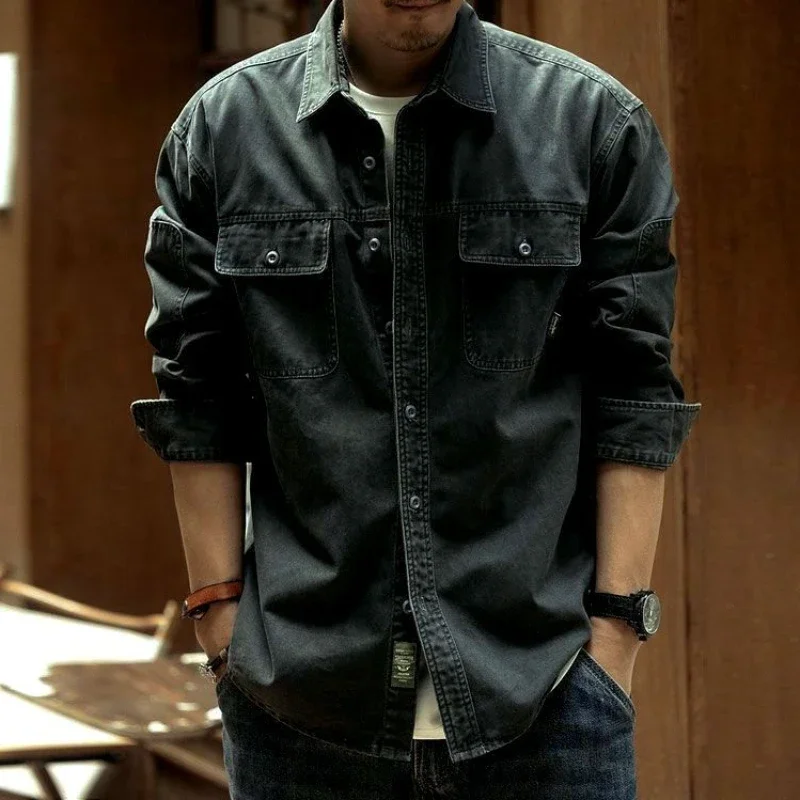 Men\'s Denim Jacket Cargo Shirt Autumn Male Jean Coats Black Big Size Free Shipping Winter Outerwear Joker Clothing Washed Cowboy