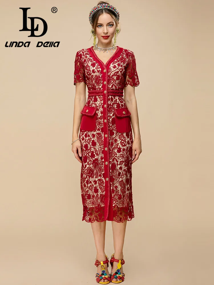 LD LINDA DELLA Fashion Runway Red Dress Women V-neck Short sleeve Hollow out Embroidery Summer Vintage Party Midi Dress