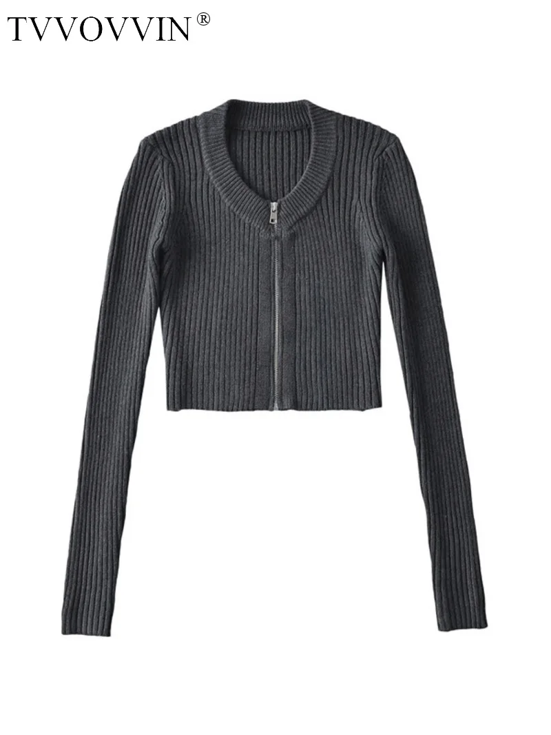 

TVVOVVIN Slim Round Neck Pit Stripe Knit Women Spring Autumn Short Zip Cardigan Long-sleeved Sweater Fashion Korean K5K3
