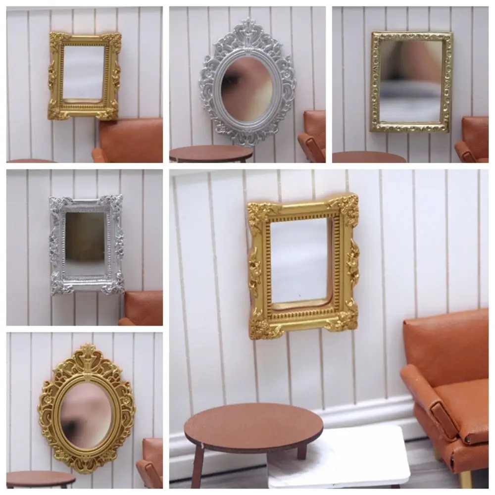 Pretend Play 1:6/1:12 Doll House Furniture Retro Carving DollHouse Mirror Model Metal Border DIY OB11 Simulation Handle Mirror