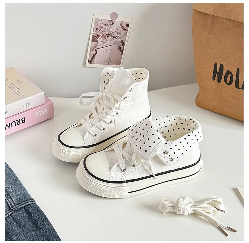 Women's High Top Platform Canvas Sneakers Polka Dot Foldable Collar Lace Up Breathable Korean Style Casual Shoes Fall 2026