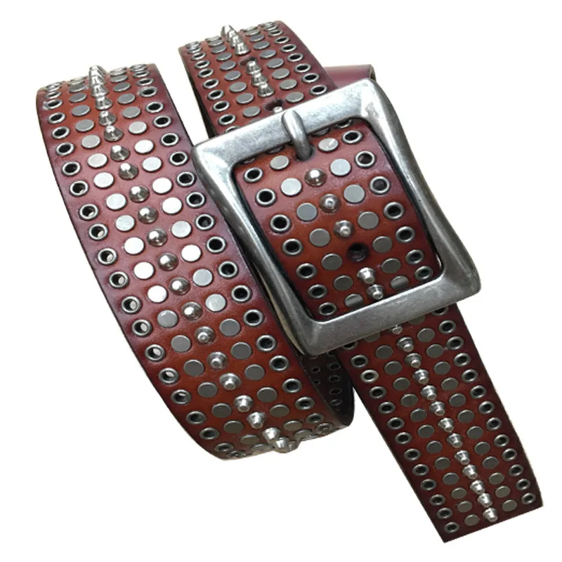 

Genuine Leather Fashion Women Men Punk Rock Rivets Black Belt With Buckle Studded Top Layer Cow Hide Leather Belt For Jeans