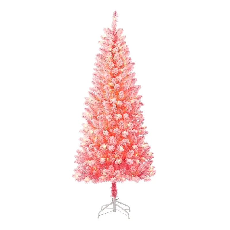 

6.5 ft Pre-Lit Pink Flocked Pine Artificial Christmas Tree, 200 Clear Lights, Pink, by Holiday Time