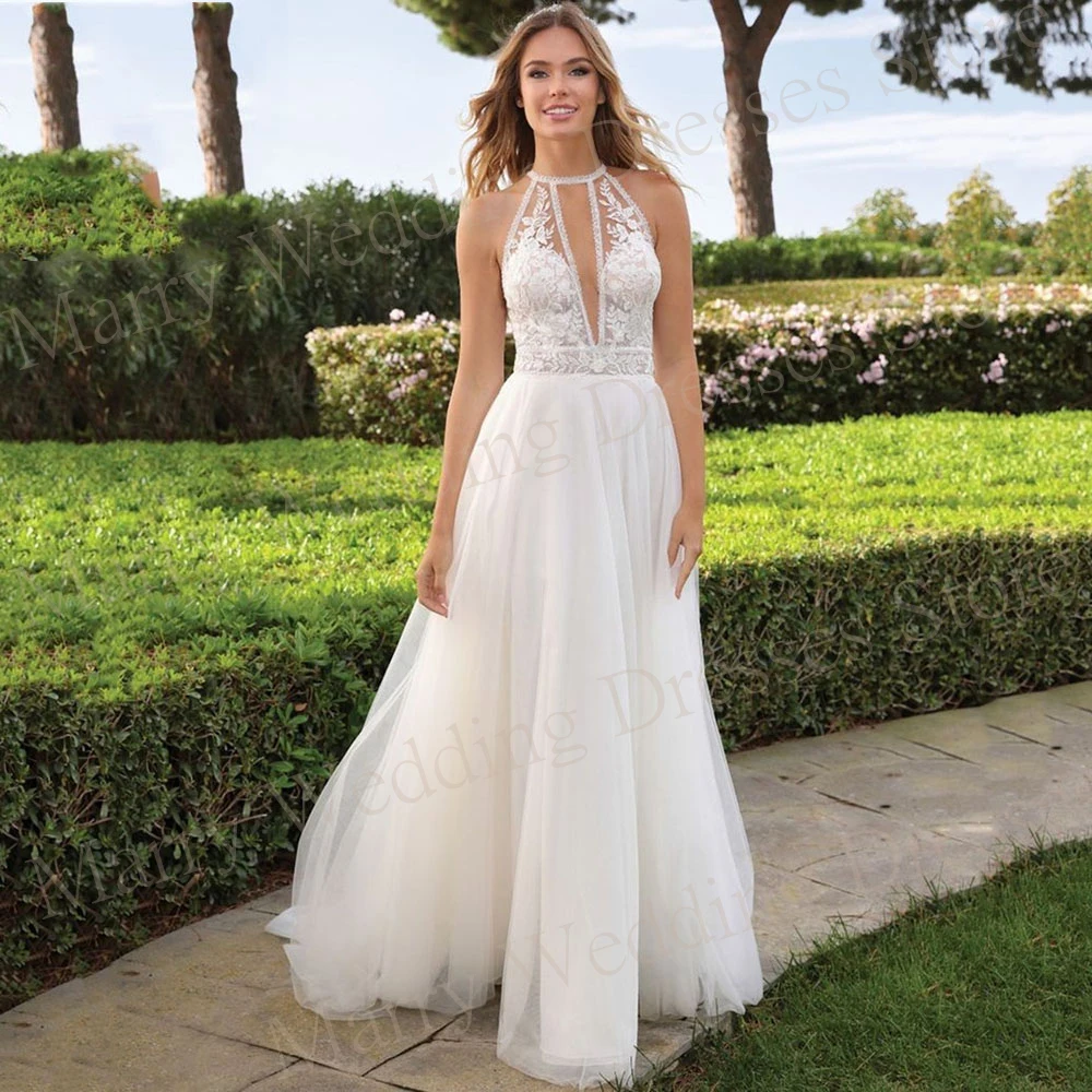 

Graceful Charming Wedding Dresses Halter Neck Lace Appliques Bride Gowns Sexy Sleeveless Button Back Illusion Tulle Floor-Length