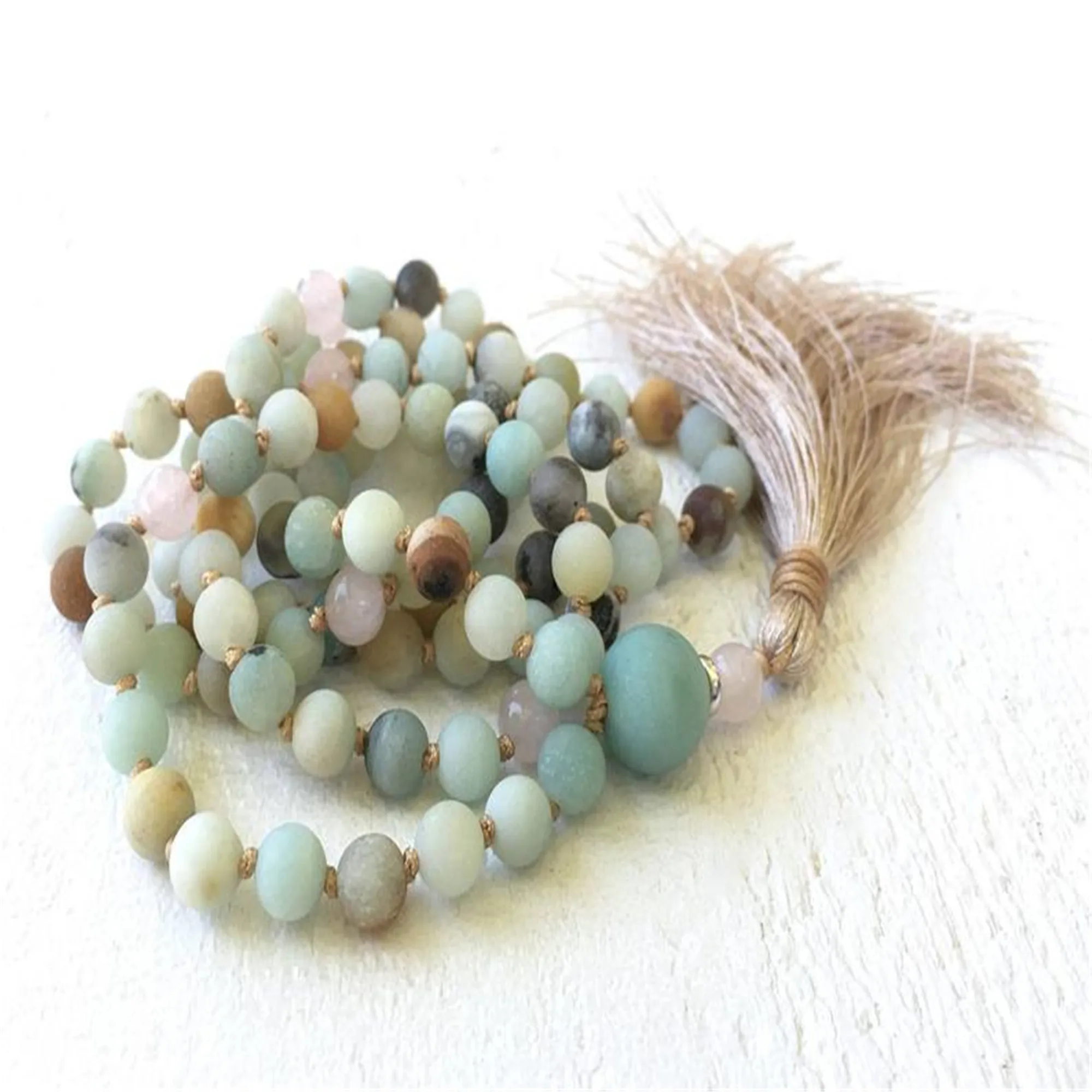 

6mm Natural Amazoniumite 108 Beads Tassel Knot Necklace Gift Statement Tranquility Peace Spiritual Children Classic Minimalist