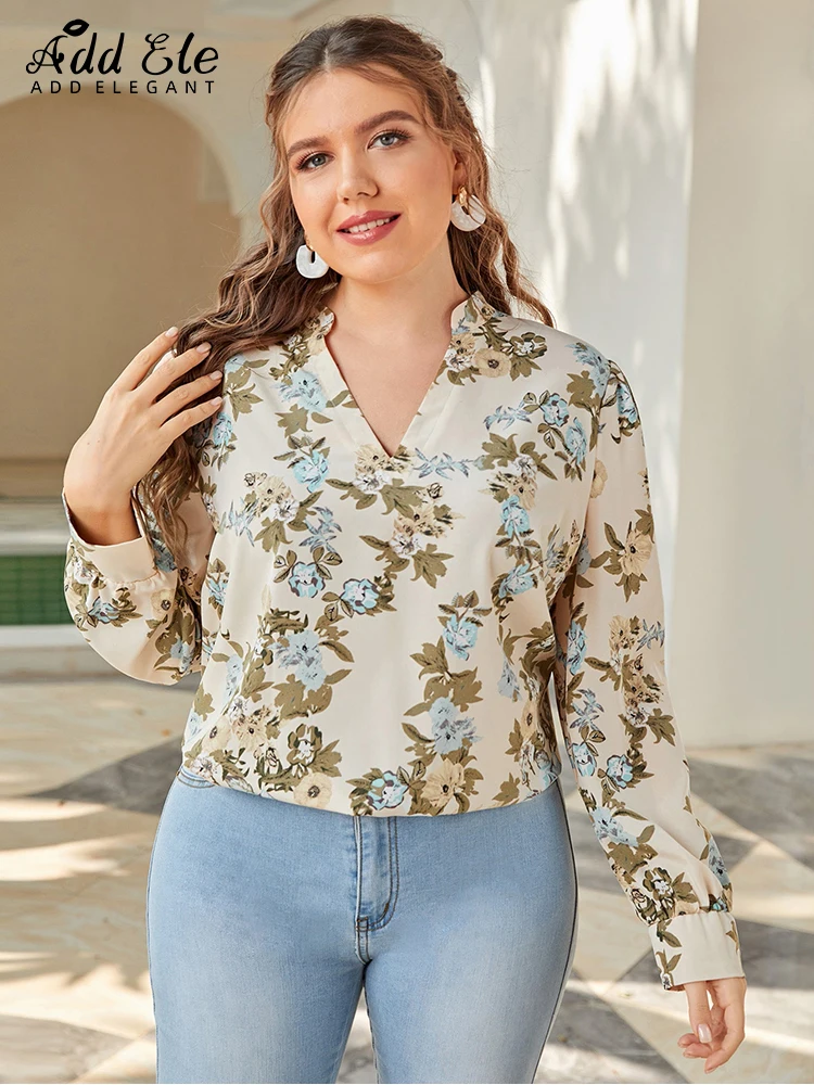 

Add Elegant Plus Size Blouses for Women 2022 Autumn V Neck Stand Collar Floral Gentle Female Clothes Sweet Office Lady Tops B184