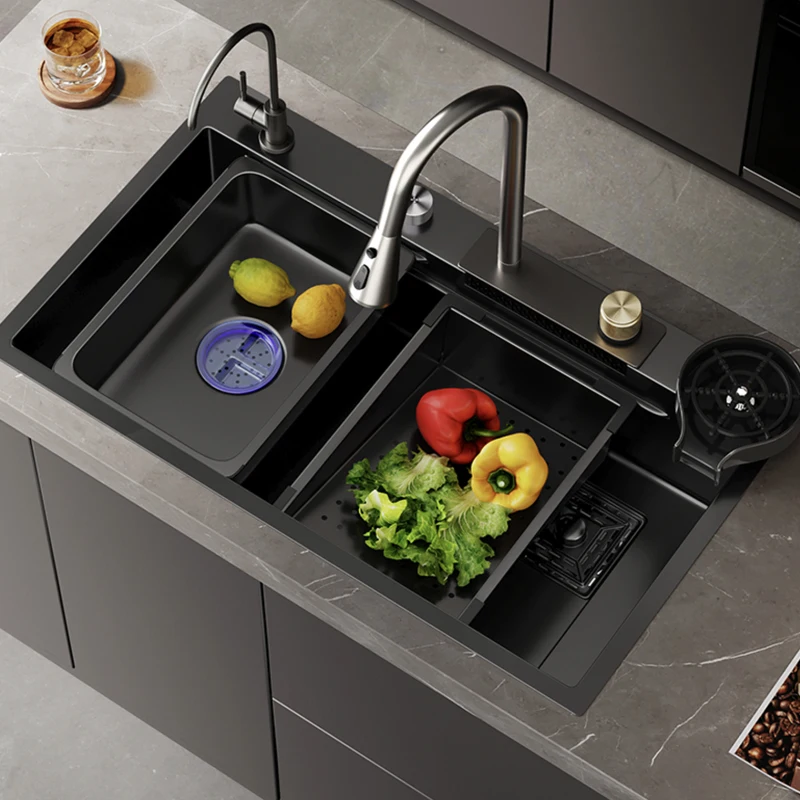 Stainless Steel Raindance Waterfall Kitchen Sink Large Single Bowl Wash Basin Sink Undercounter Topmount Faucet Drain