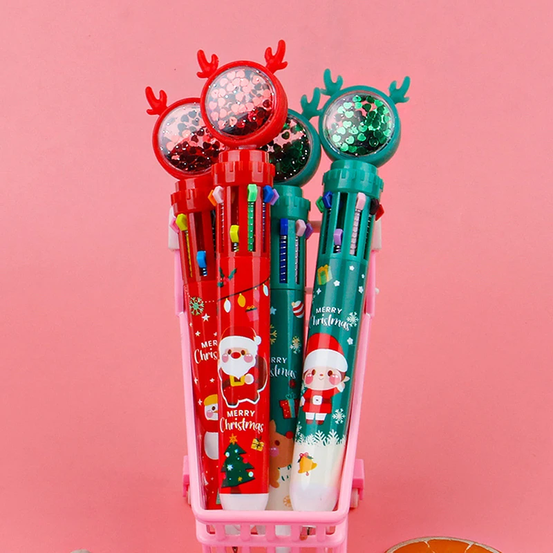 Christmas 10-color Ballpoint Pen Student Press-type Color Pen Santa Claus Presses The Ballpoint 0.5mm School Stationery