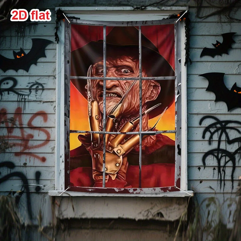 1 x Halloween-Horror-Fensterdekorationsbanner – Albträume von Elm Street, strapazierfähiges Polyester für Halloween-Partys