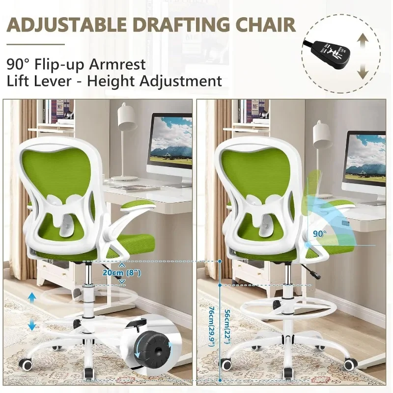 Winrise Drafting Chair, Tall Office Chair Ergonomic Standing Desk Chair, Swivel Task Rolling Chair(Green) 4