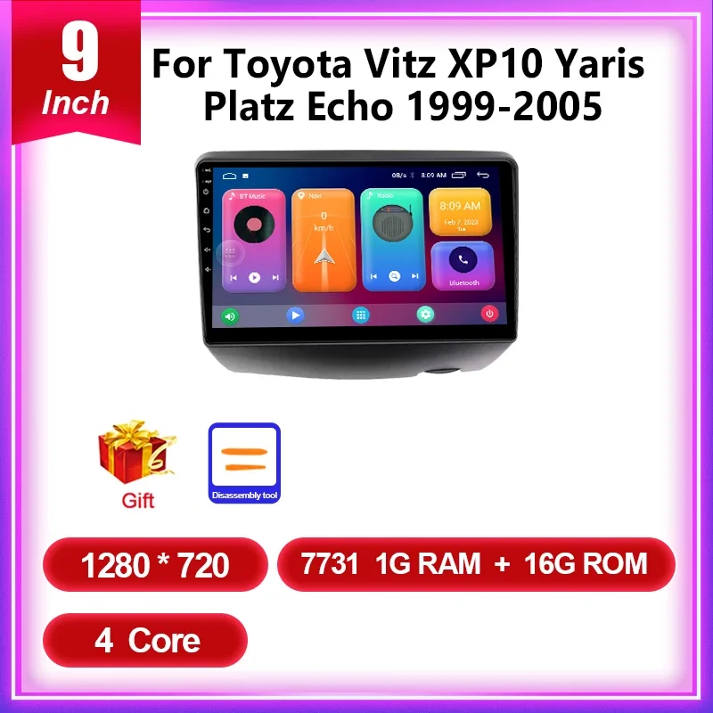 Autoradio Android 15 Pour Toyota Vitz Yaris 1999-2005 – Écran 9 Pouces, CarPlay & Android Auto Sans Fil, 4Go + 64Go, GPS, Caméra De Recul